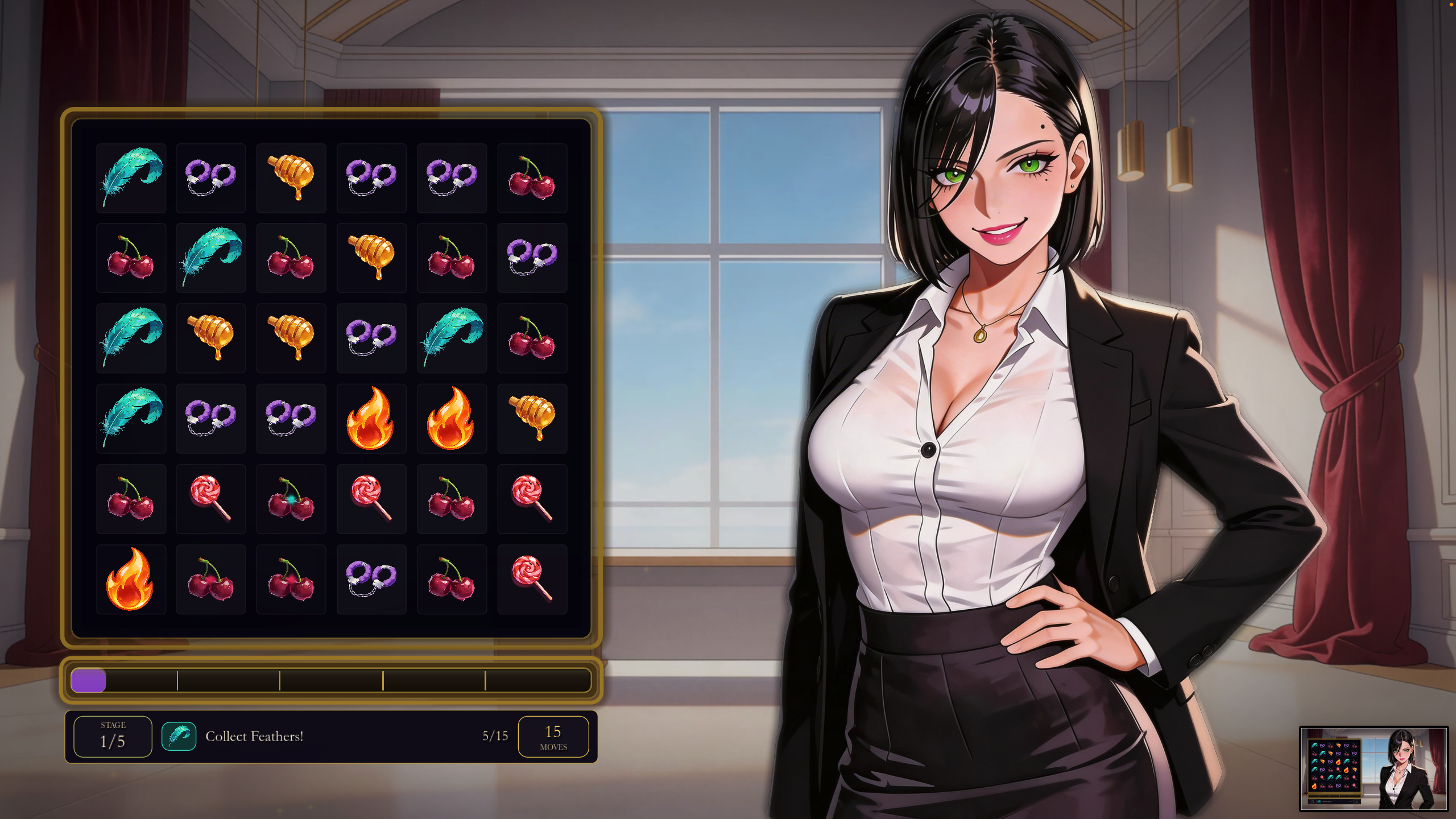 Velvet gameplay screenshot showing Aria beside a feather objective board.