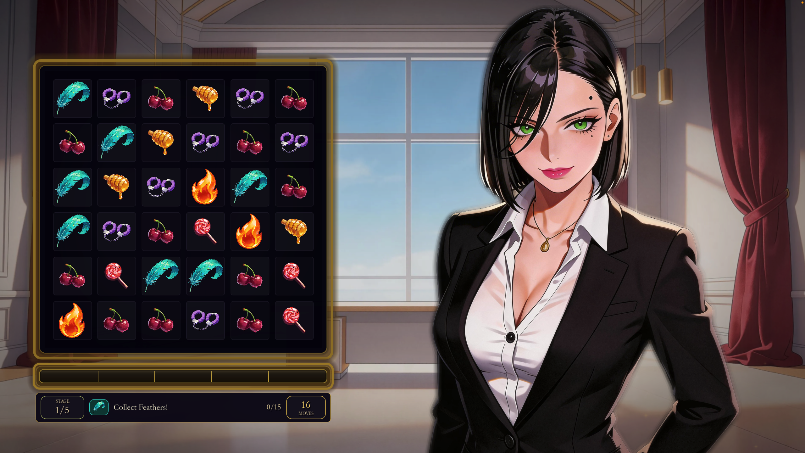 Velvet gameplay screenshot with Aria beside a feather objective match board.