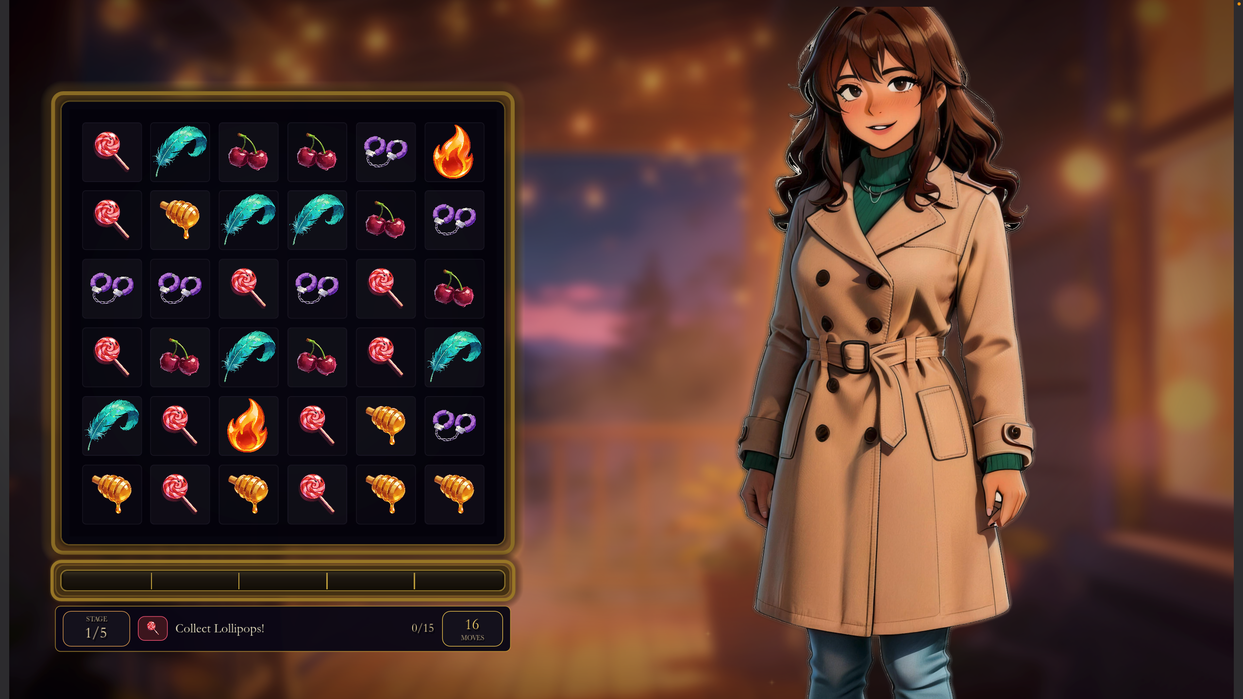 Velvet gameplay screenshot with Elena beside a lollipop route board.