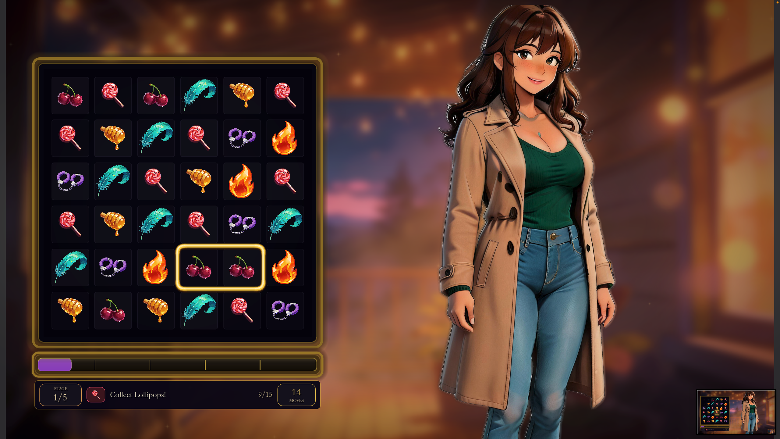 Velvet gameplay screenshot showing Elena beside a lollipop route board.