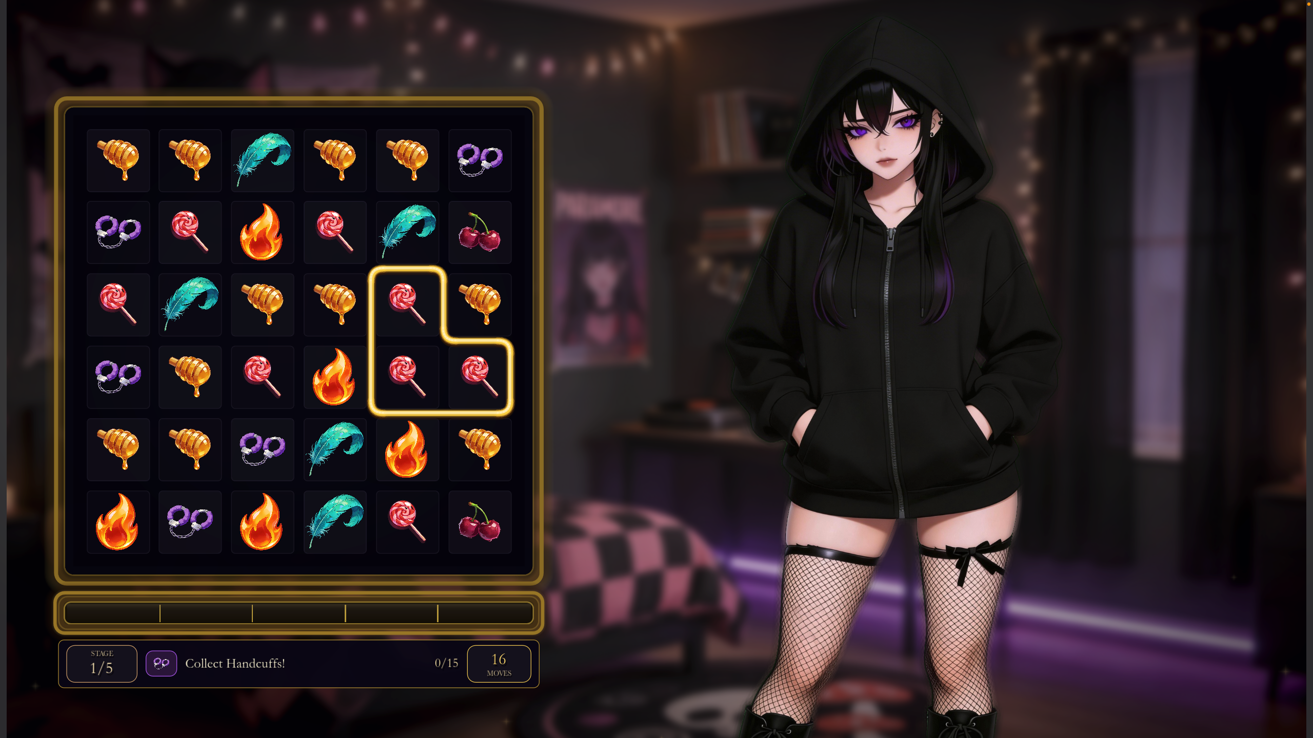 Velvet gameplay screenshot showing Raven beside a handcuff objective board.