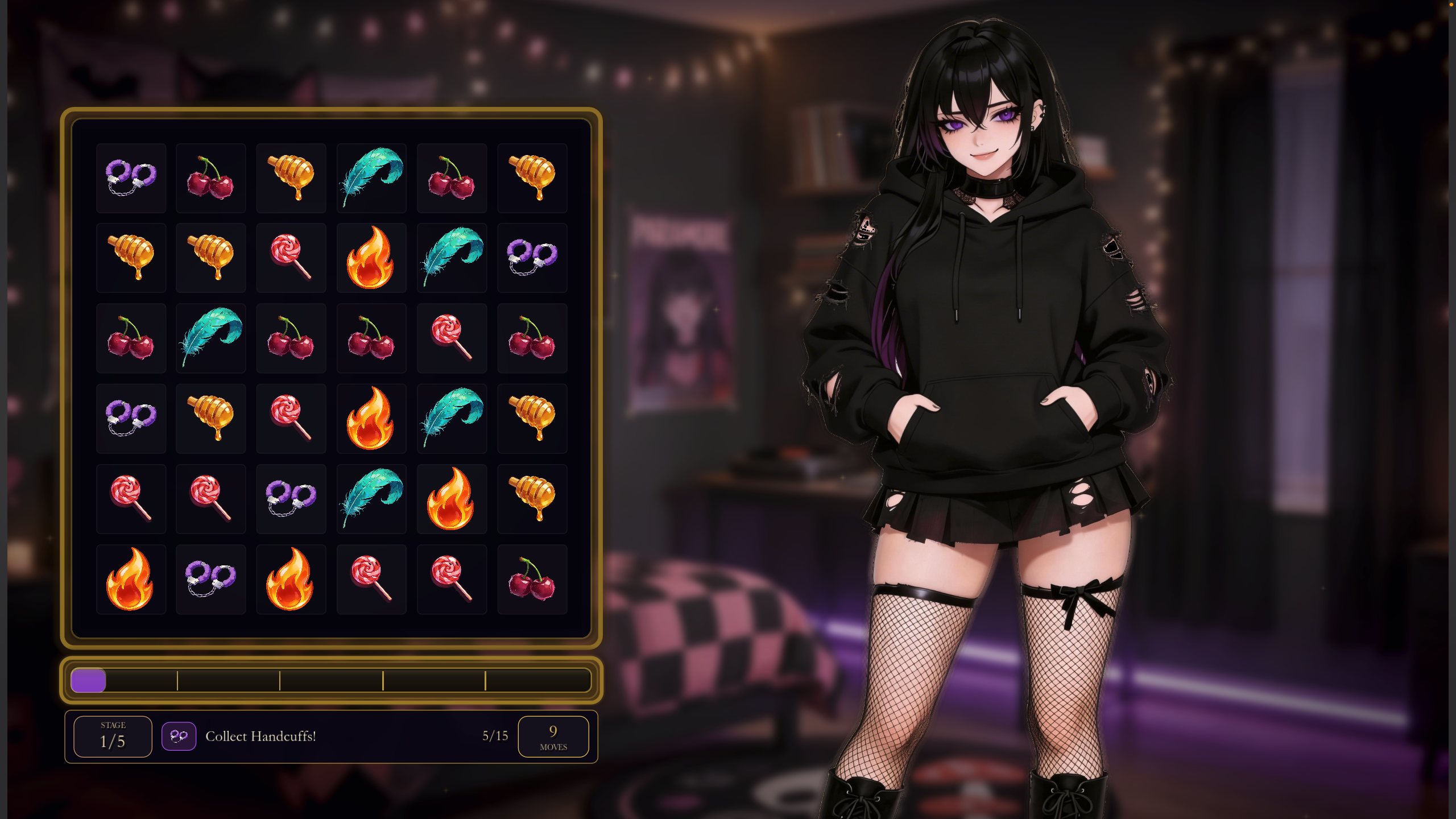 Velvet gameplay screenshot showing Raven beside a compact handcuff route board.